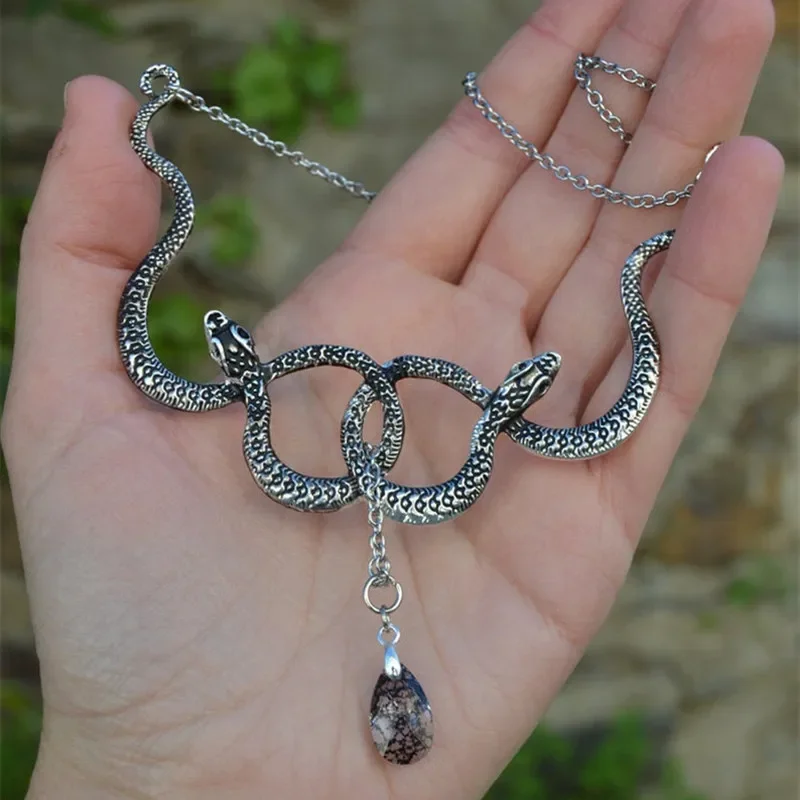 Gothic Double Snake Entanglement Witch Necklace with Crystal