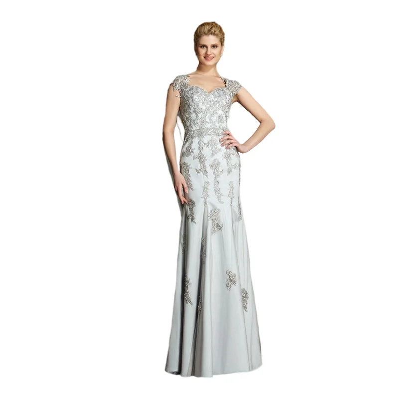 

Silver Mother Of The Bride Dresses Mermaid Cap Sleeves Tulle Appliques Plus Size Long Groom Mother Dresses For Wedding