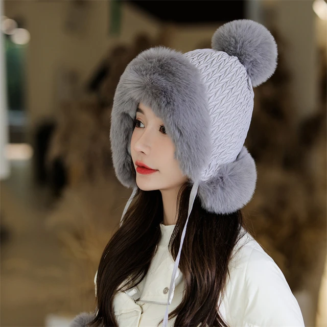 Women Outdoor Cold-proof Thicken Knitted Cap Pom Pom Ball Hats Faux Fur Beanies  Hat Winter Warm WHITE 