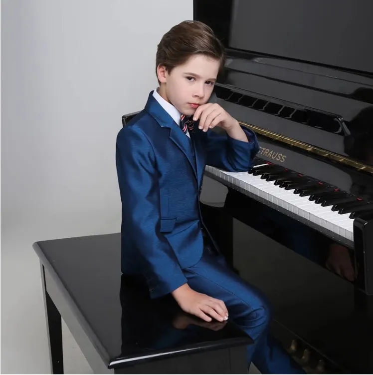 Children Shining Blue Piano Suit Flower Boys Wedding Dress Prince Kids Photograph Tuxedo Teenager Graduation Birthday Costume boys suit set