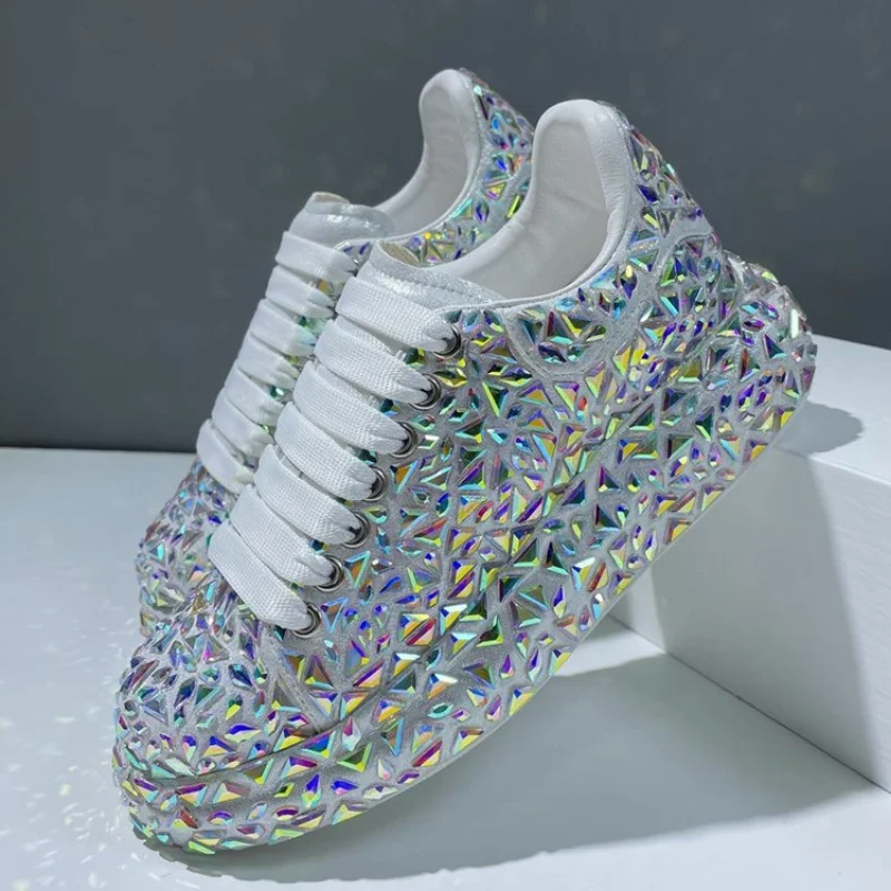 2022 Autumn Spring Leather Women Shoes New Style Fashion Platform Shoes Ins Platforms Sneakers Tide Shine Bling Rhinestone Shoes
