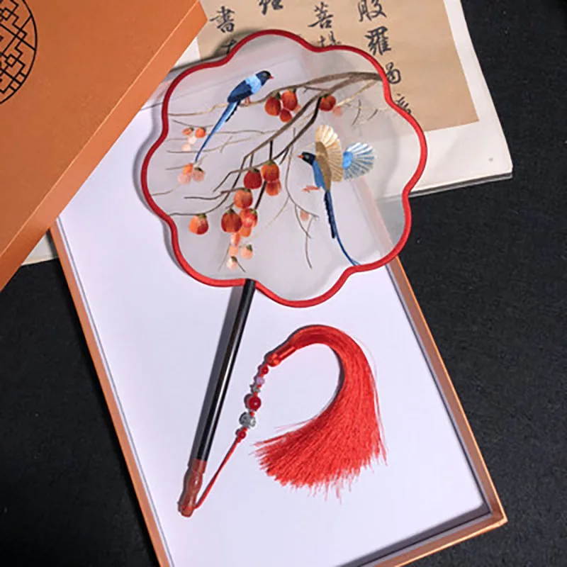 Chinese Suzhou Double-sided Embroidery Hand Held Fan, Ancient Dance, Translucent Silk, Round Circular Fan with Tassel, Chinese H