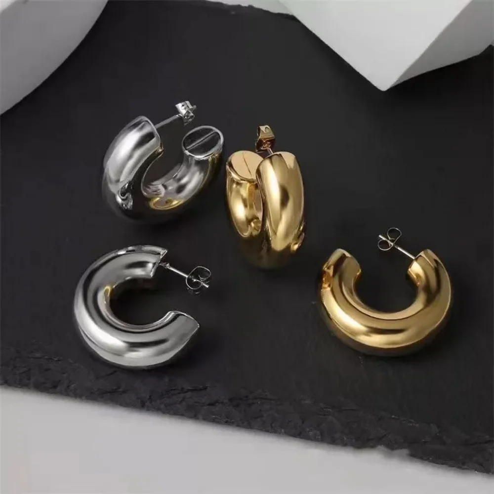 Trend Women Stainless Steel Chunky No Piercing Ear Clip PVD Round Tube C-Shaped Earclips Ear Cuff Smooth Ear Hoop Huggie Earring