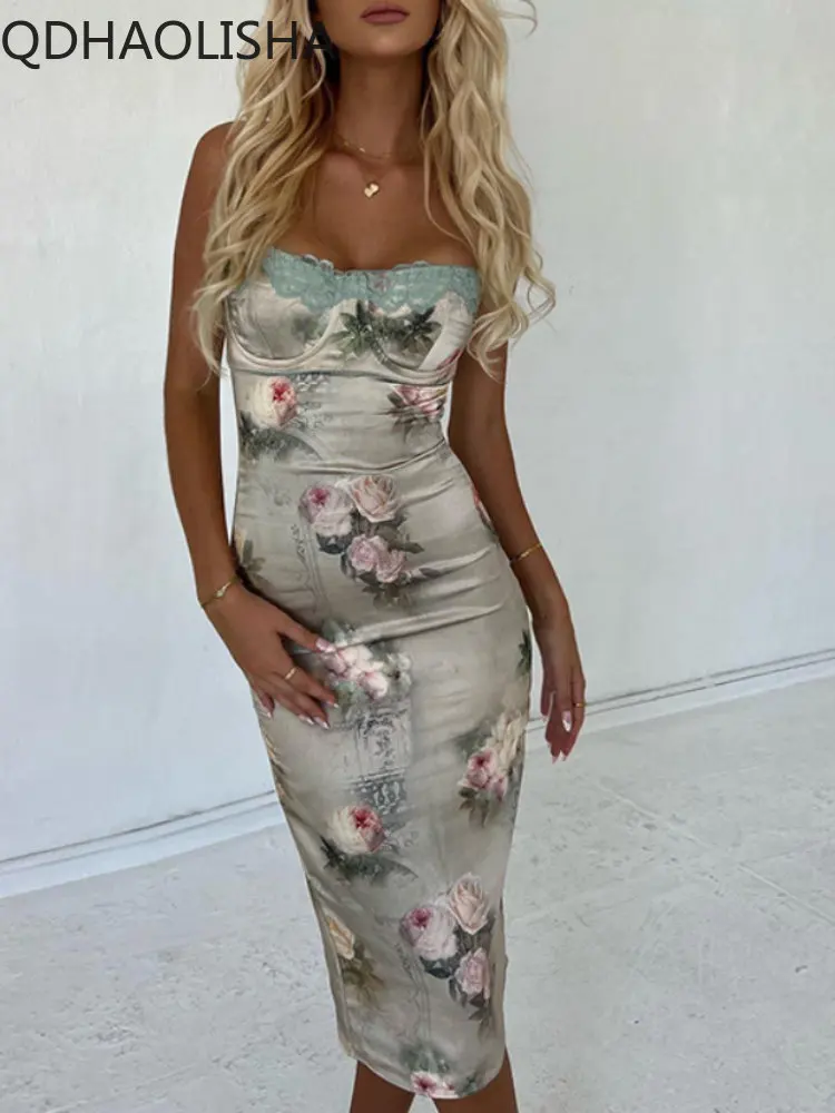 

New In Summer 2023 Women's Dress Printed Sexy Spicy Girl Dress Lace Edge Bust High Waist Slim Fit Slim Strap Women's Long Dress