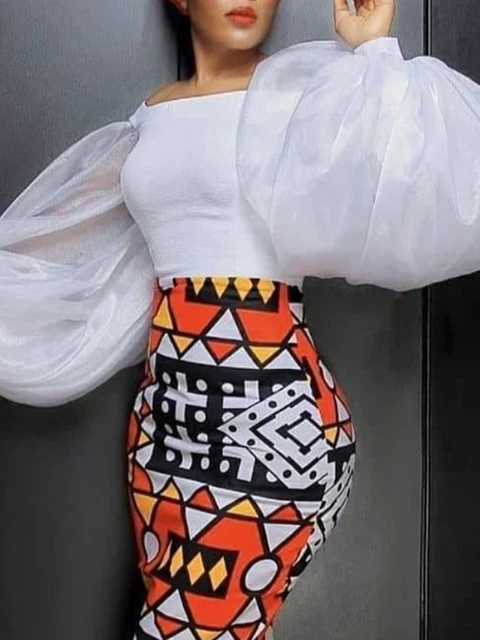 White Shirt Blouses with High Waist Printed Pencil Skirt 2