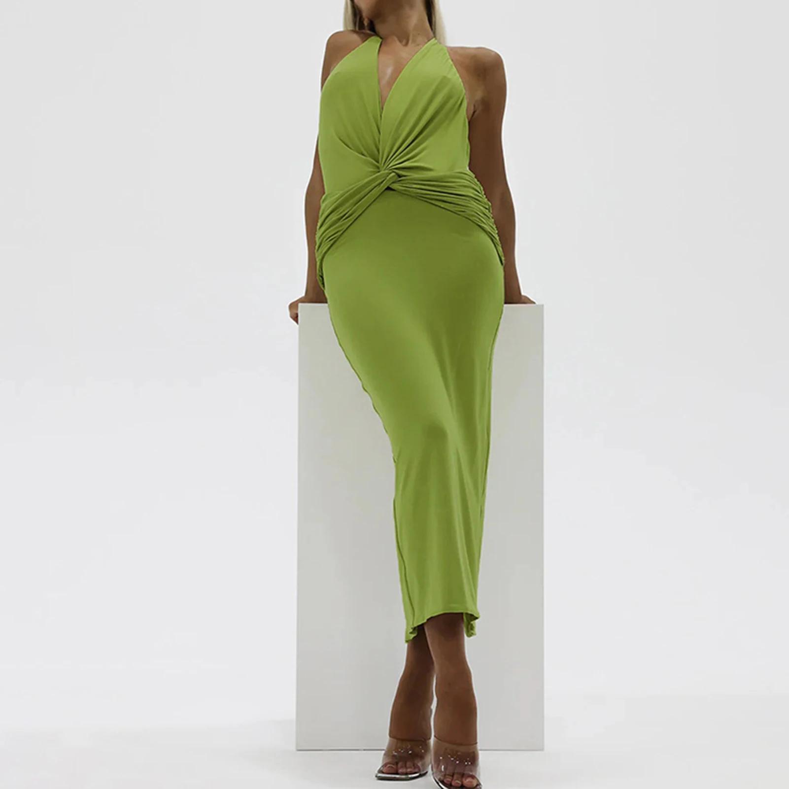 

Halter Dress Deep V Neck Ladies Summer Midi Dress Women Solid Color Sleeveless Slim Fit Backless Clubwear Clothing