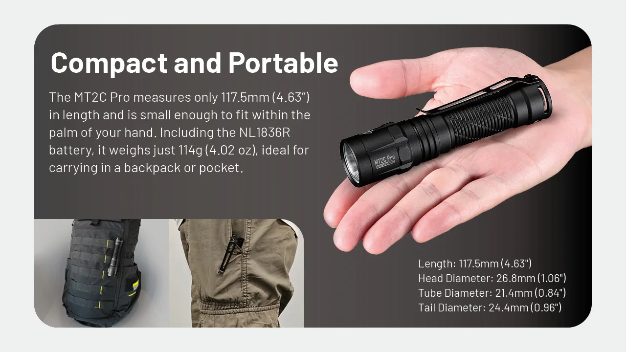 NITECORE 고출력 컴팩트 전술 손전등, UHi20 LED, 520M 범위, NL1836R, 3600mAh, C타입 충전식 배터리, MT2C 프로