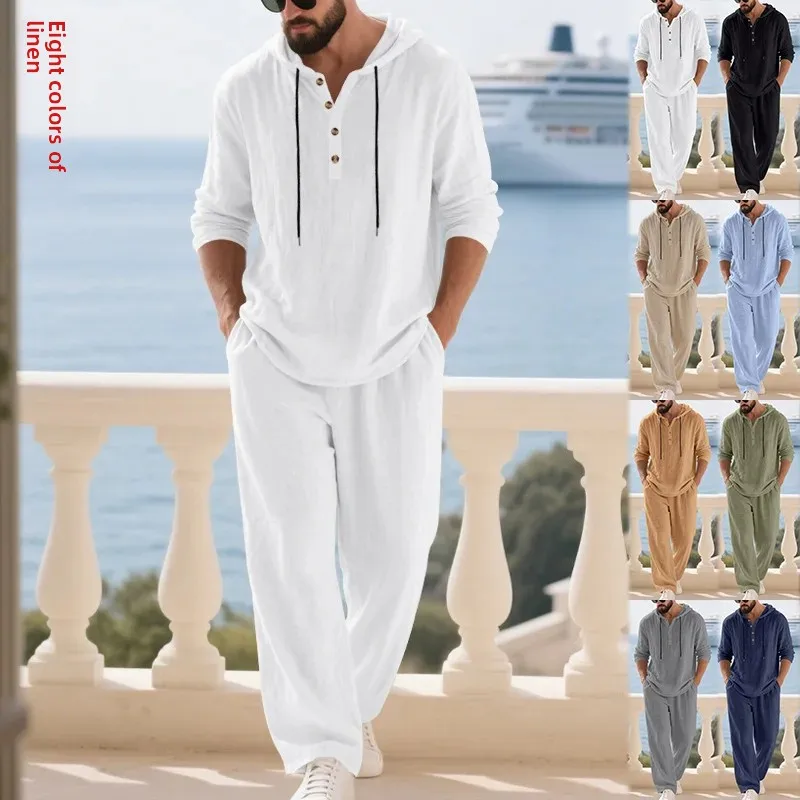 Loose Linen Men's Casual Set with Long Sleeve Henry Shirt And Long Pants Autumn 2025 Fashion Comfortable Breathable Ensemble
