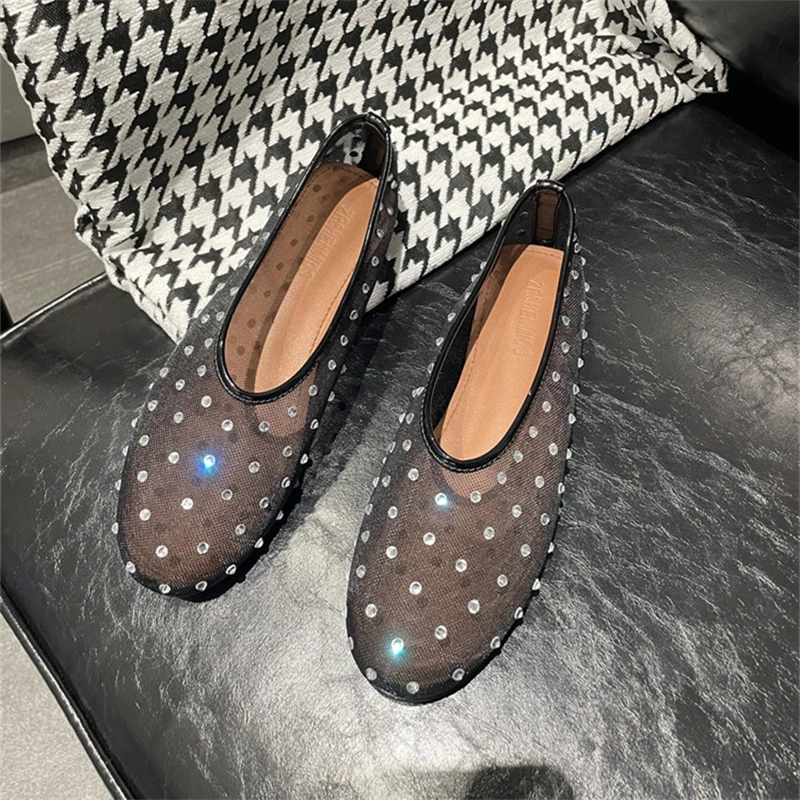 Mesh Breathable Rhinestone Women Shoes Sheepskin Insole Round Toe Ladies Ballet Dancing Shoes Soft Zapatos Mujer 2024 Tendencia