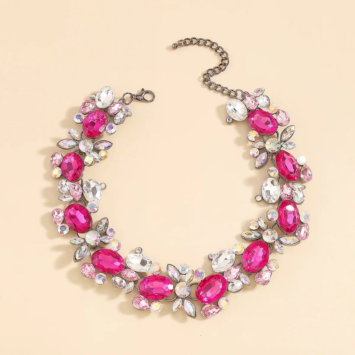 

Luxury Shiny Fuchsia Jewelry Sets for Women Leaf Rhinestone Crystal Necklace Earrings Sets Prom Jewelry