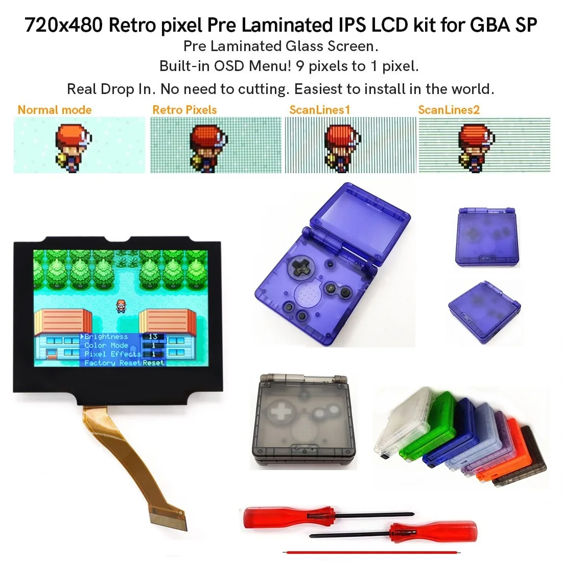 

Drop In V5 720x48 0 предварительно ламинированный Ретро пиксель IPS ЖК-дисплей для GBA SP Подсветка ЖК-дисплей для Gameboy Advance SP с прозрачной оболочкой чехол