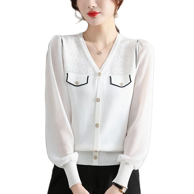

Black White Knitted Stitch Spring Autumn Top Shirts Fashion Blouses 2023 Cheap Vintage Clothes For Women Female Clothing
