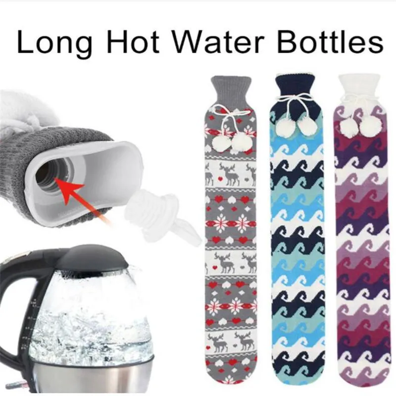 2L Knitted Long Water Injection Rubber Hot Water Bottle Warm Water Bag Hand Warmer Warm Bed Artifact Strip Hot Water Bottle Gift