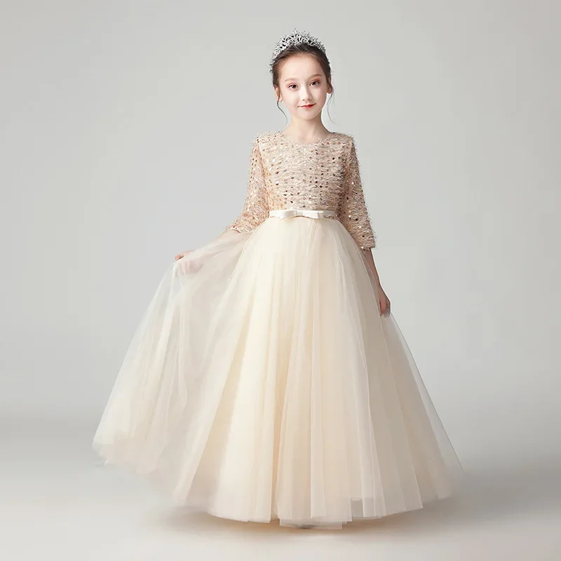 

Exquisite Champagne Half Sleeve Sequins Girl Pageant Show Princess Birthday Dress Kids Family Event First Communion Baptism Gown