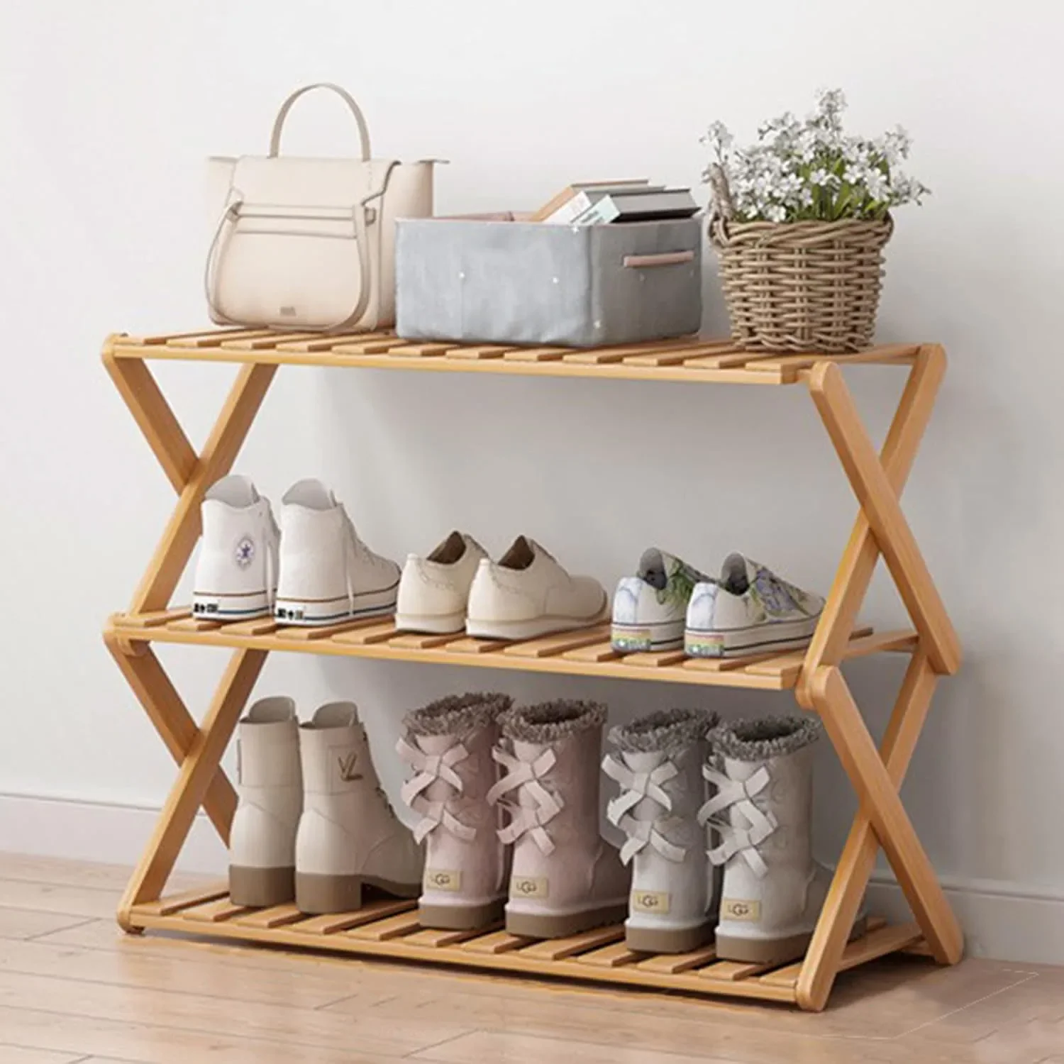 Bamboo Shoe Rack 2/3-Layer Portable Folding Shoe Storage Rack Versatile Simple Home Shelf for Corridors Living Room