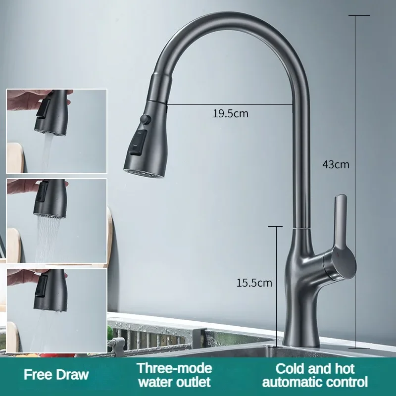 Pull Out Kitchen Sink Faucet Hot Cold Water Mixer Tap 3 Function Stream Sprayer Single Handle Brass Rotatable Water Tap