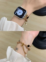Elegant Beaded Metal Link Strap - 42mm44mm45mm49mm (Golden Black)
