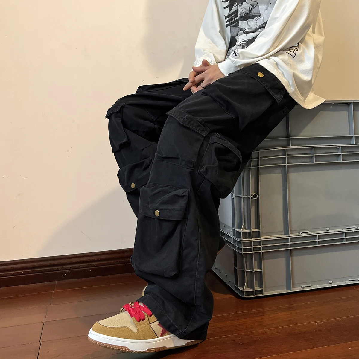 2023 Men Cargo Pants Multi-Pockets Tool Pants Harajuku Mens Vintage Loose Wide Leg Pants Streetwear Casual Hip-Hop Trousers 6