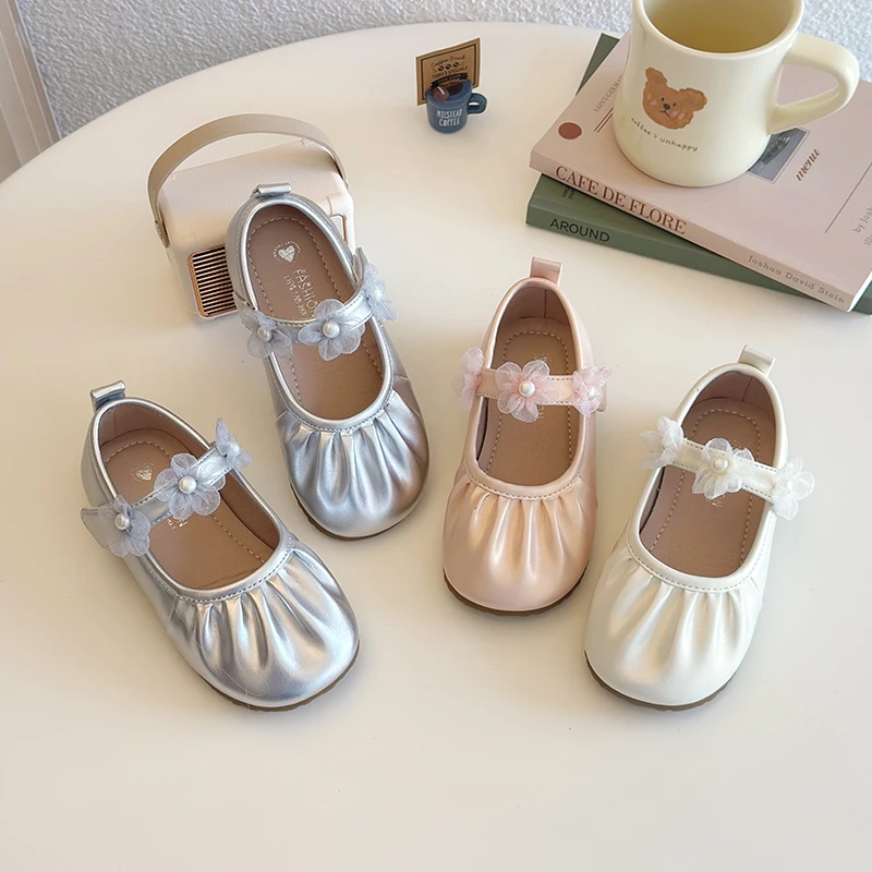 Spring Autumn Little Girls Leather Shoes Princess Fashion Kids Causal Shoes Pleated Lace Children Wedding Party Flat