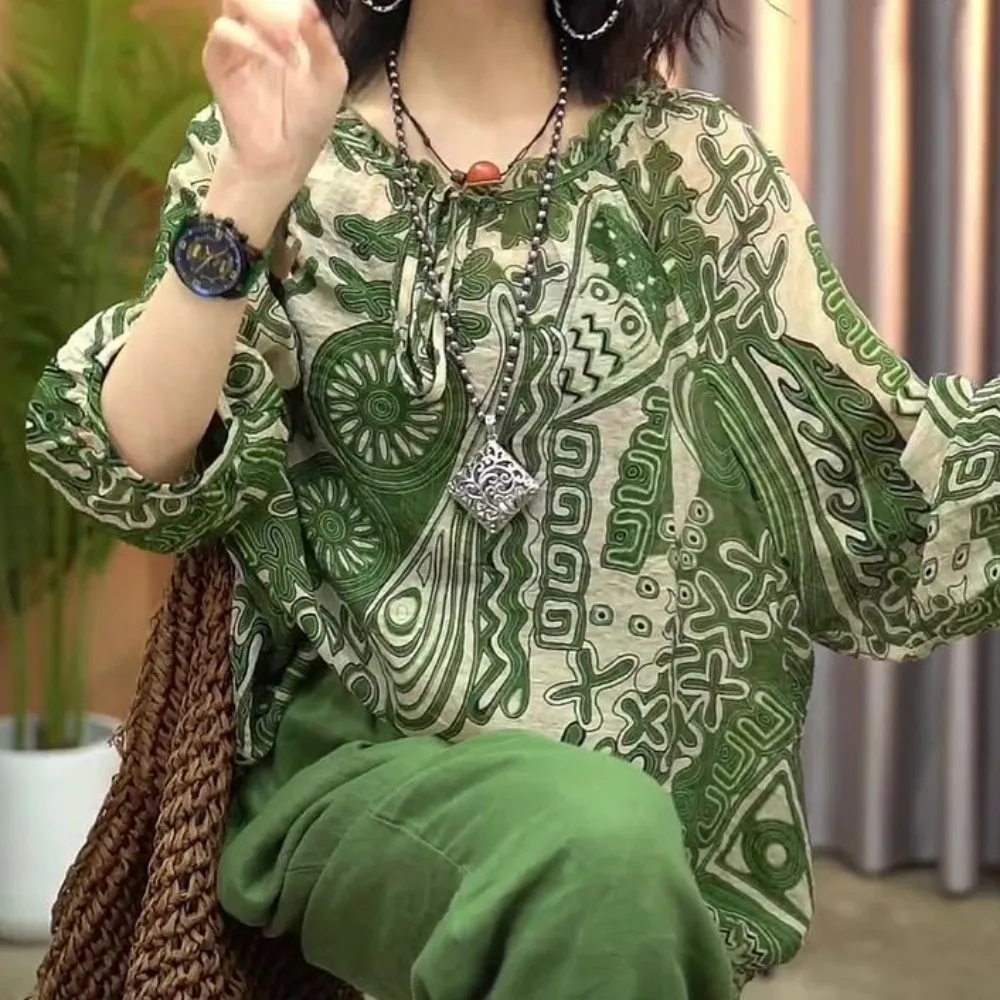 Description Picture 6 of itemSimple Sunscreen Retro Loose T-shirt Flower Stripe Round Neck Long Sleeve T Shirt Thin Green Ethnic Style Tops Women