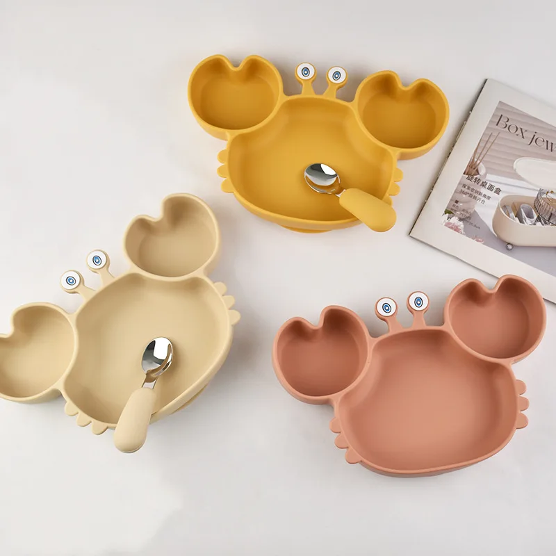 Silicone Dining Plate Silicone Meal Set Silicone Feeding Set Baby Tableware Set 3Pcs/Set Baby Safe Silicone Dining Plate Food Feeding Spoon Fork Cartoon Children Dishes Prevent Tipping Over BPA Free