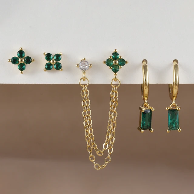 Boucles d'oreilles carrées suspendues en acier inoxydable, 2 pièces, pierre d'anniversaire de décembre, chaîne en zircone cubique, fleur, bijoux de perçage