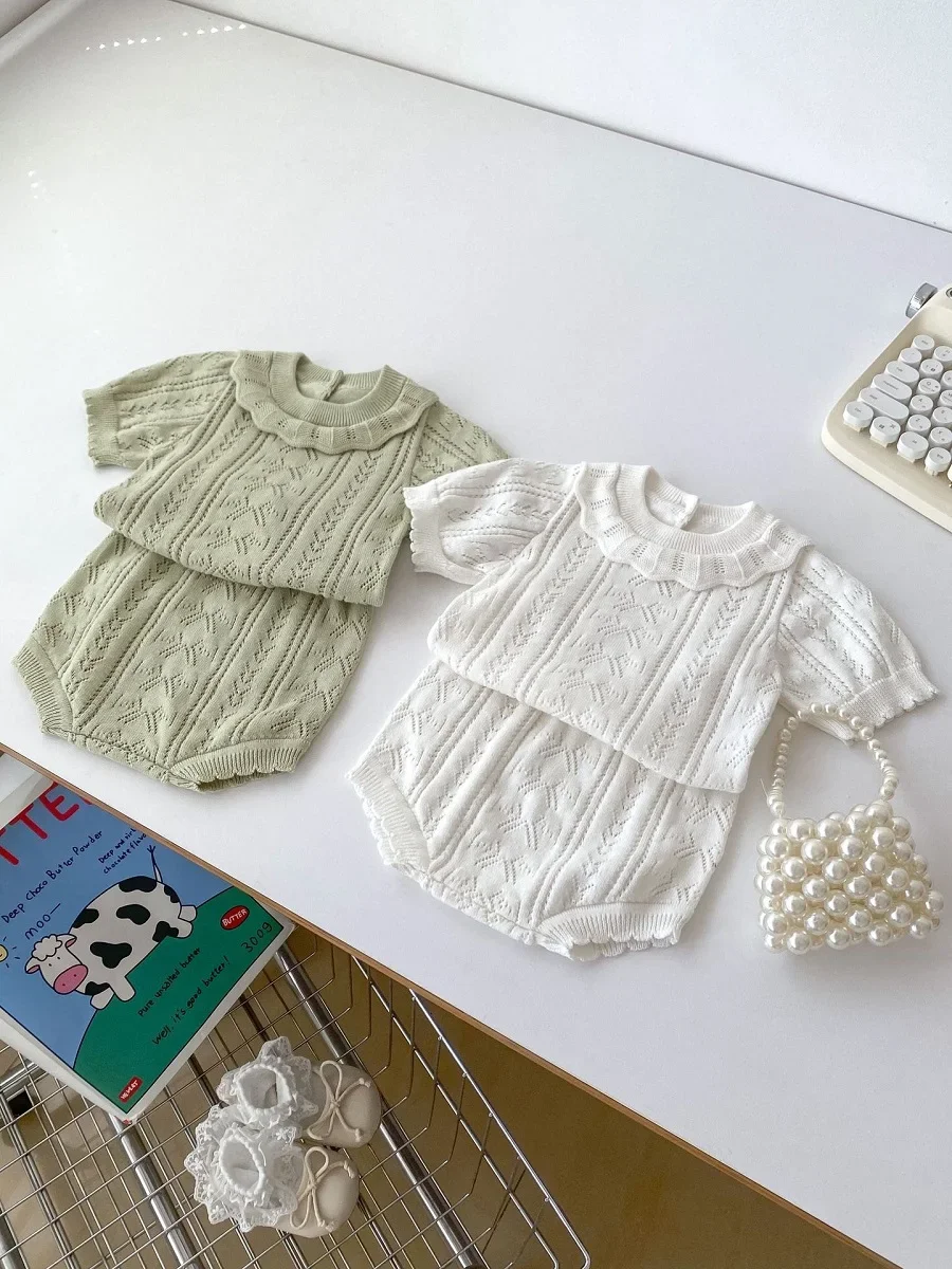 

INS Summer Baby Girl Clothing Set 0-3Years Newborn Kids Solid Color Short Sleeve Hollow Out Knitwear T-shirt+Shorts 2PCS Clothes