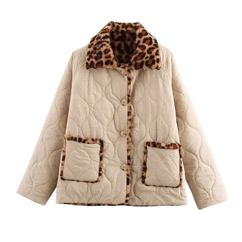 Parkas acolchadas de leopardo de doble cara para mujer, abrigo vintage de polar con solapa y botones, de manga larga, ropa de abrigo gruesa y cálida para mujer 2025