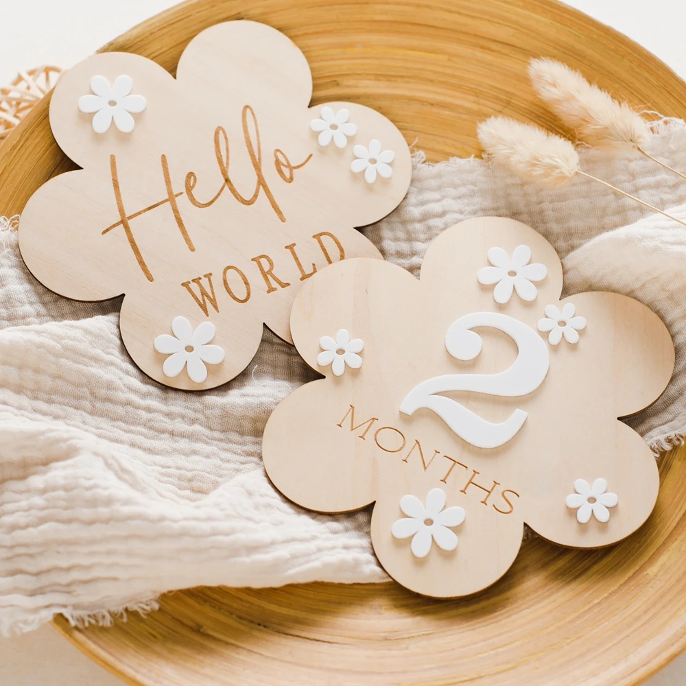 1Set Holz Baby Monat Milestone Karte Blume Form Rekord Karte Neugeborenen Geburtstag Geschenk Souvenir Baby Foto Fotografie Zubehör – Detail 6