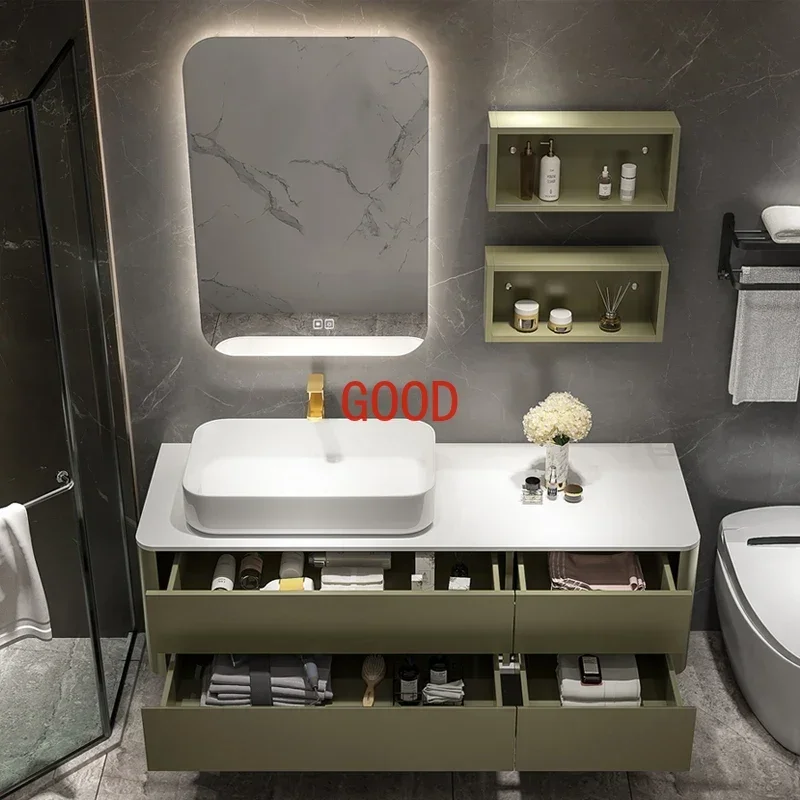 Stone Plate Bathroom Cabinet Solid Wood Wash and Wash Basin Cabinet Combination Washstand Bathroom