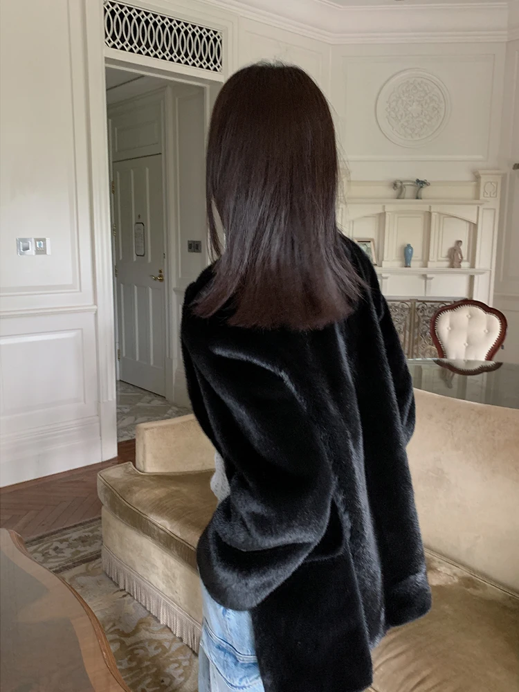 HDHOHR 2023 100% 진짜 밍크 모피 코트, 여성 패션 필수 천연 밍크 모피 코트, 따뜻한 정장 칼라 아우터, 겨울 모피 재킷