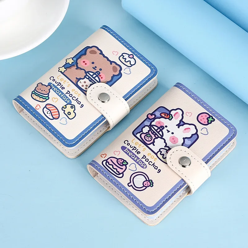 Kawaii-Bear 카드 홀더 귀여운 멀티 그리드 비즈니스 ID 신용 은행 카드 케이스, 포토 카드 홀더 휴대용 지갑 한국어 문구