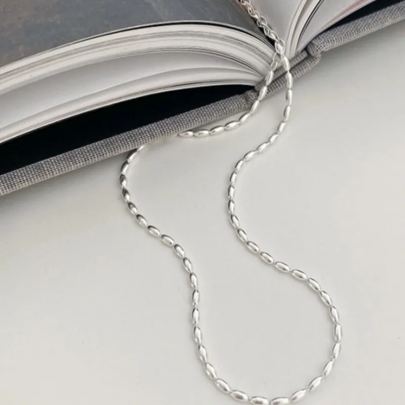 Silver Color Stacked Rice Grain Olive Beads Chain Necklace for Women Exquisite Simple Collarbone Chain Jewelry Gift