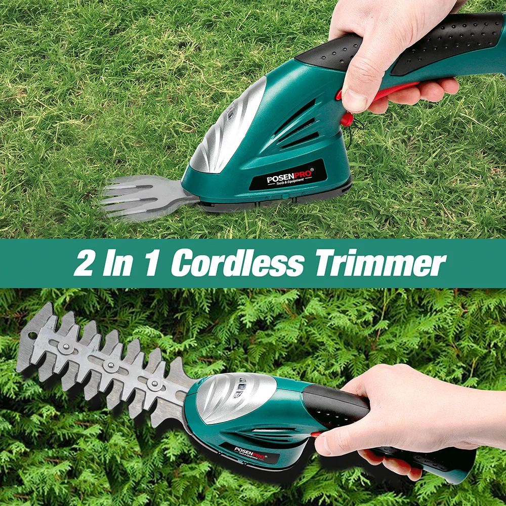 POSENPRO cordless grass and shrub shears hedge pruning trimmer 7.2V, 2 in 1, 1.5Ah li ion battery, garden tool, 2 different blades