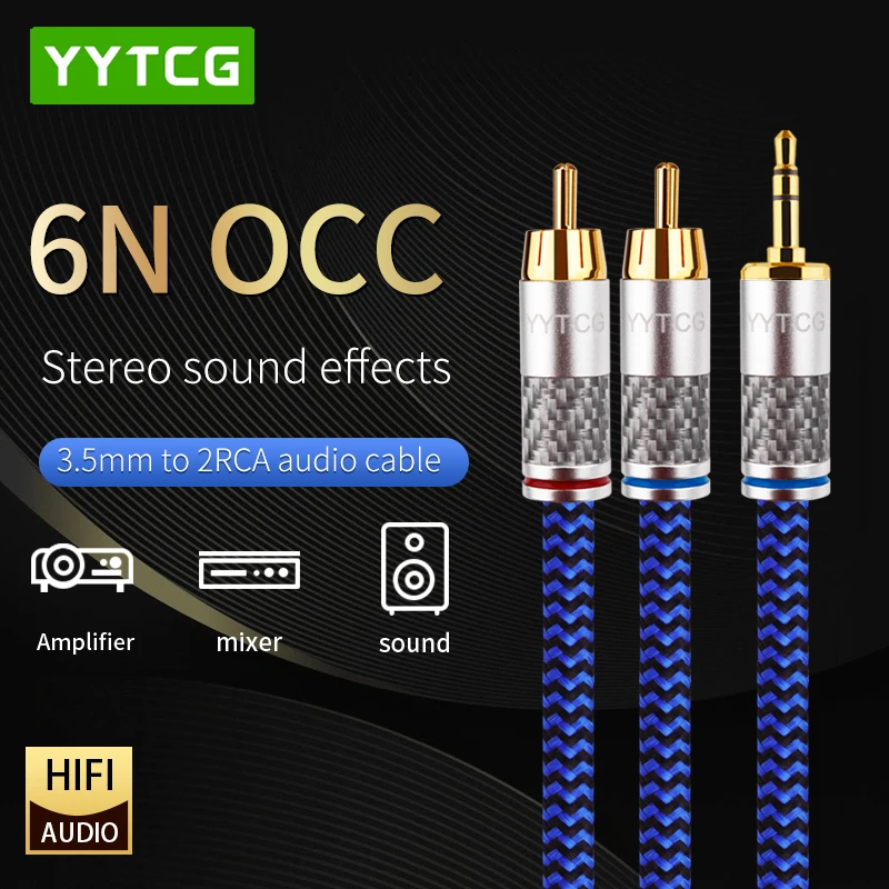 Cabo de Áudio para Amplificadores Cabo Hifi Áudio 6n Occ Rca para 3.5 mm Jack Cabo Aux 3.5 mm para 2rca Cabo de Áudio para Home Theater