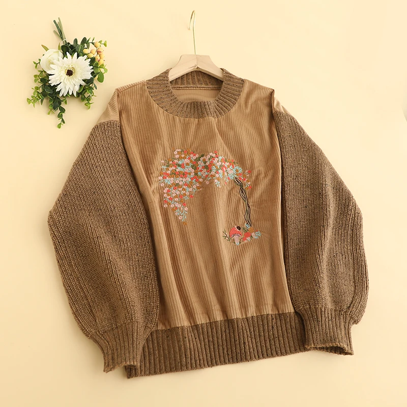 Autumn New Sweet Knitting Patchwork Corduroy Hoodies Top Women Long Sleeve Embroidered Tops D220 3