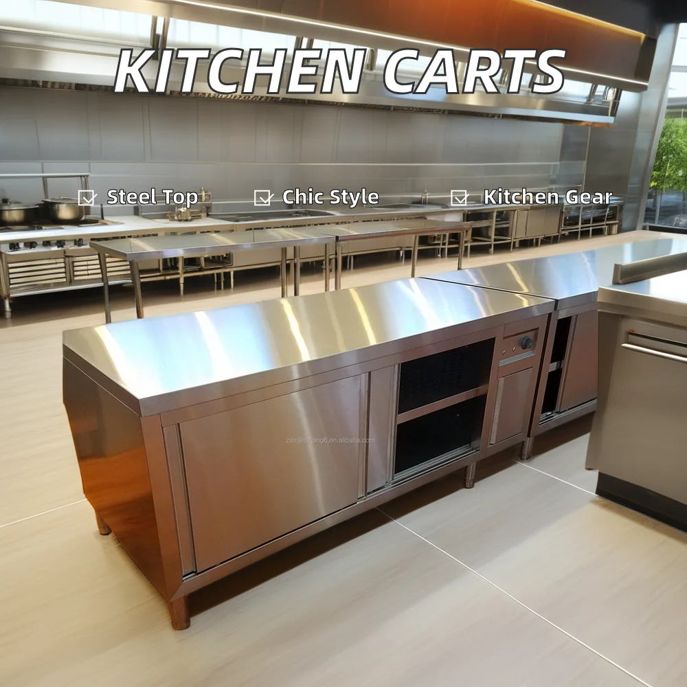 Commercial Kitchen Equipment Double Sliding Door Stainless Steel Cabinet Workbench Restaurant Worktable Kitchen Island & Cart