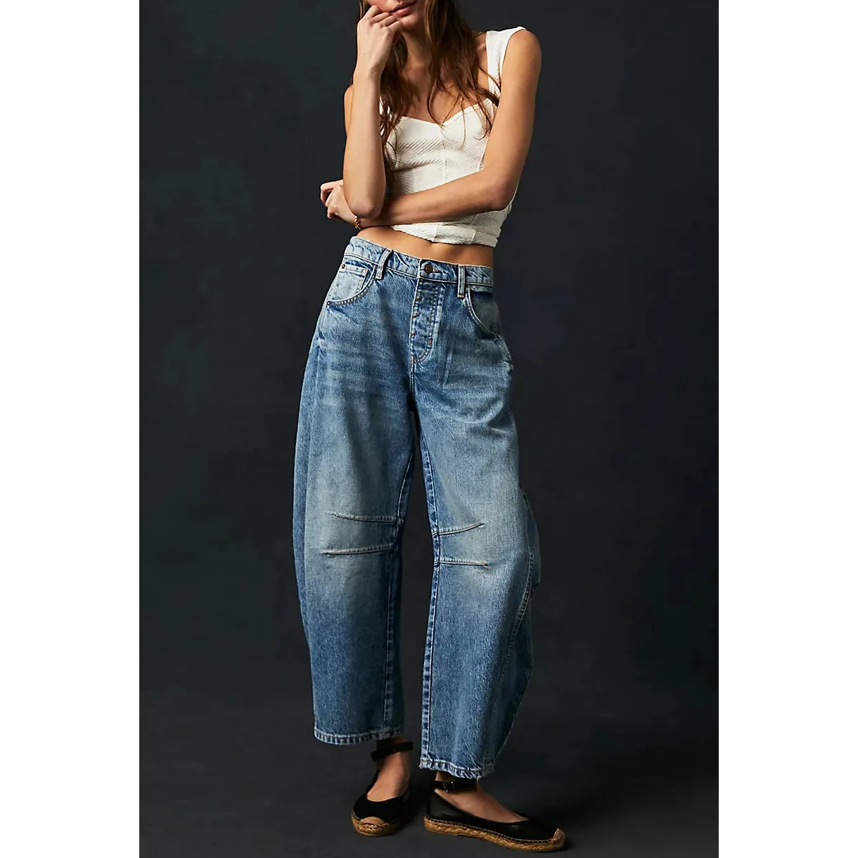 

Новые модные мешковатые джинсы с широкими штанинами в уличном стиле женские брюки до щиколотки со средней посадкой и эффектом потертости мешковатые джинсы женская уличная одежда