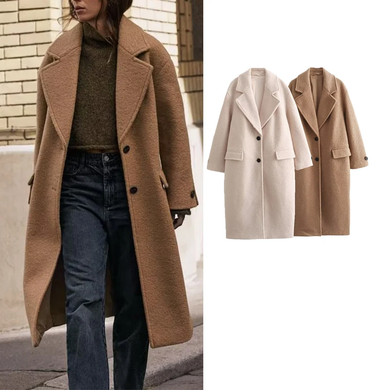 

TRAF 2023 Women Woolen Coat Soft Fitting Long Coats Fashion Vintage Long Sleeve Autumn Winter Jacket Loose Overcoat Warm Tops