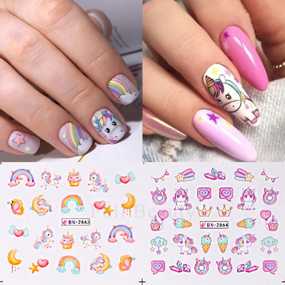 12 Designs Pink Unicorn Water Transfer Slider Rainbow Horse Ice Cream Heart Cartoon Anime Nail Sticker Polishing Nail Decoration nail stickers nail art decoration nail decals