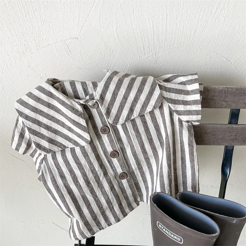 Short Sleeve Blouse Children's Clothing Toddler Striped Linen Top