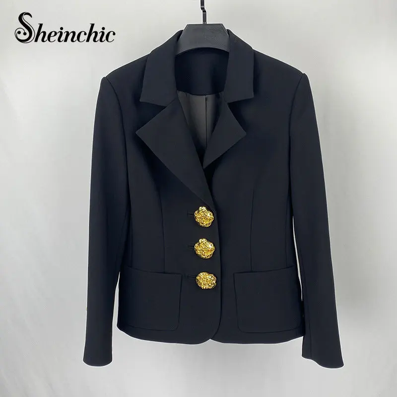 

2022 Autumn Women New In Outerwears Luxury Designer Gold Buttons Blazer Mujer Korean Fashion Black Veste Femme