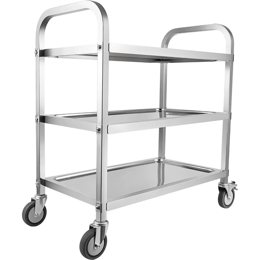 

3 Tier Stainless Steel Utility Cart with Locking Wheels Shelf Kitchen Cart Trolley Utility Rolling Serving Catering Storage