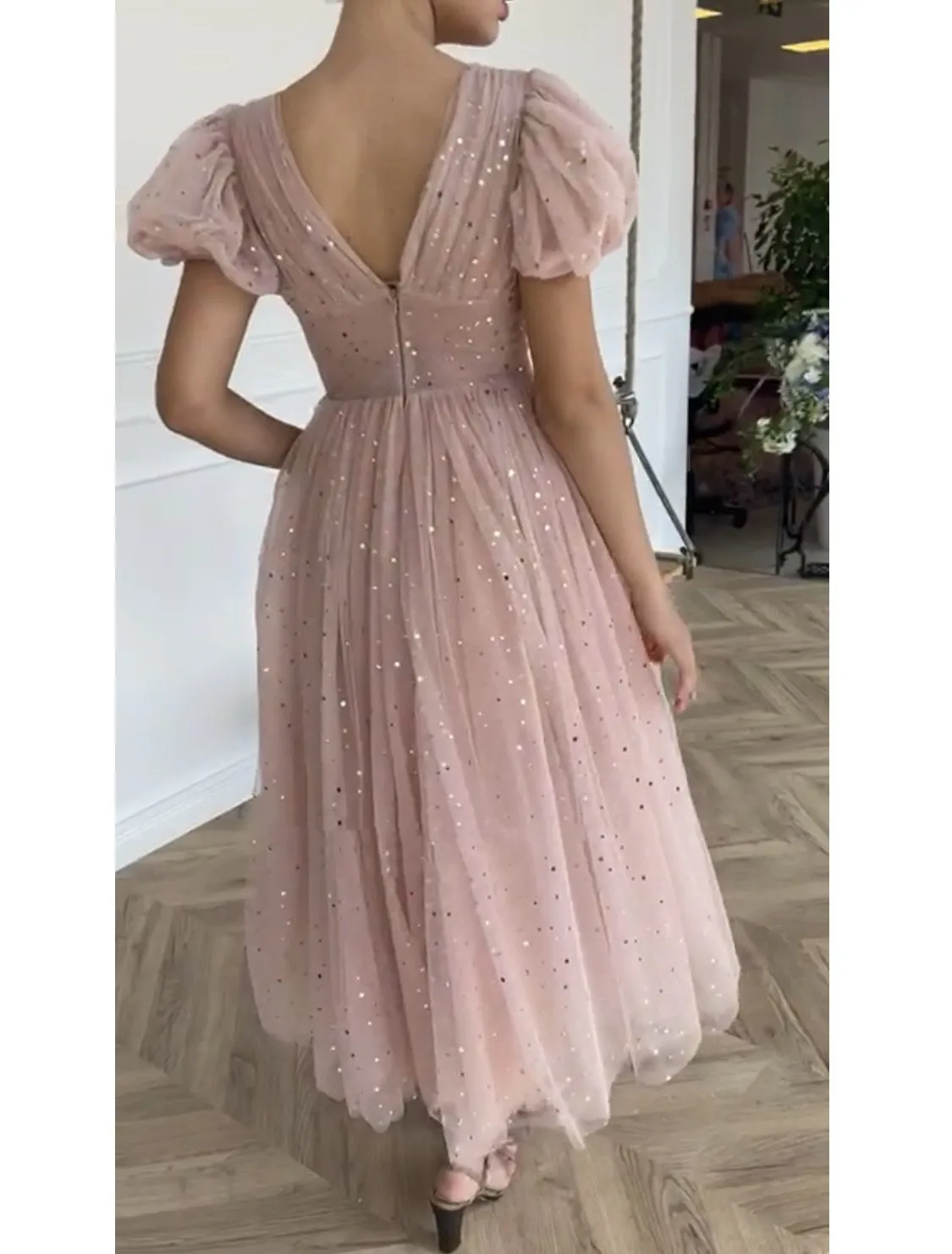 simple prom dresses Glitter Blush Midi Prom Dresses V-Neck Short Sleeves Starry Tulle Evening Dresses Buttons Tea-Length A-Line Party Gowns sage green prom dress