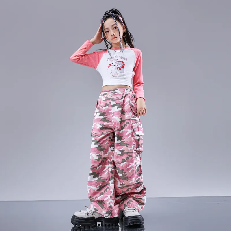 

Kid Hip Hop Clothing Cute Kitten Crop Top Long Sleeve T Shirt Pink Camouflage Casual Cargo Pants for Girl Dance Costume Clothes