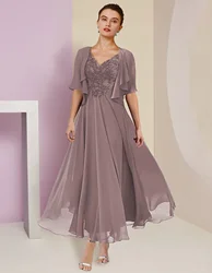 Two Piece A-Line Mother of the Bride Dress V Neck Tea Length Chiffon Lace Short Sleeve Jacket Dresses with Pleats Appliques
