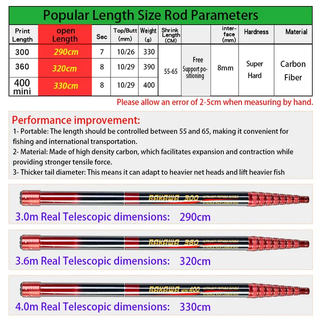 JOSBY 3M/4M/2.1M Fishing Net Telescoping Foldable Landing Net Pole Lightweight Carp Carbon Fiber Folding Sea Hand Dip Net Tackle 6