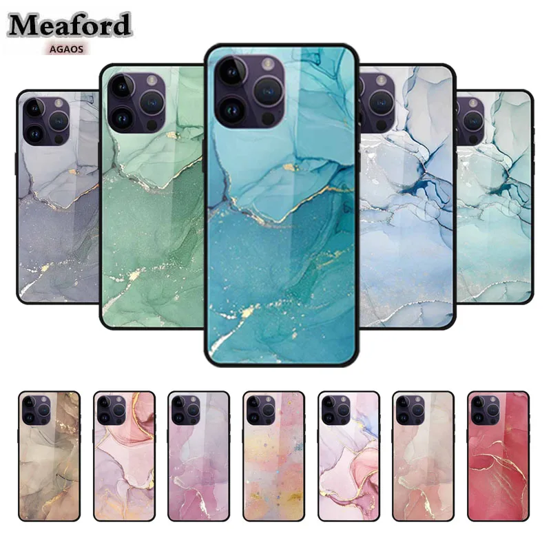 

Luxury Glass Hard Phone Case for Apple iphone 11 12 13 15 14 pro pro max iphone 15 14 Plus Colorful Marble Capa Shield