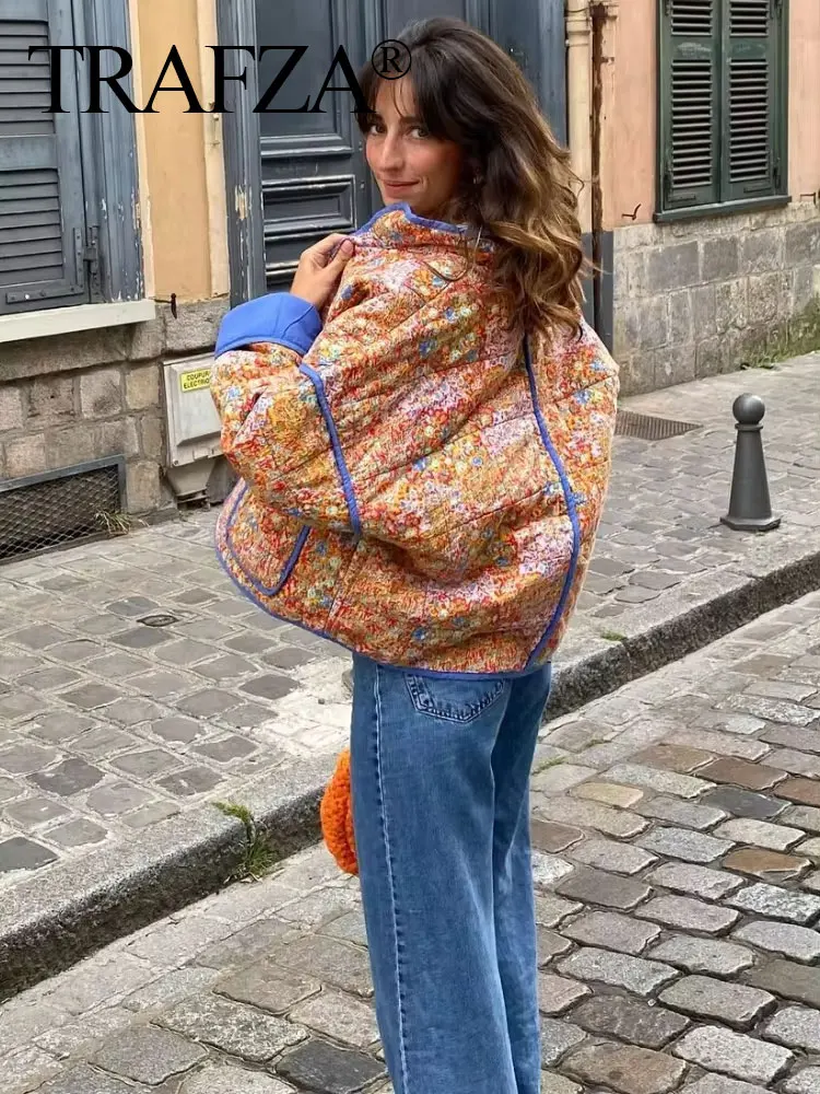 HH Women Casual Flower Print Stand Collar Jacket Pocket Long Sleeve Female Coat 2024 Autumn Vintage Lady Outwear