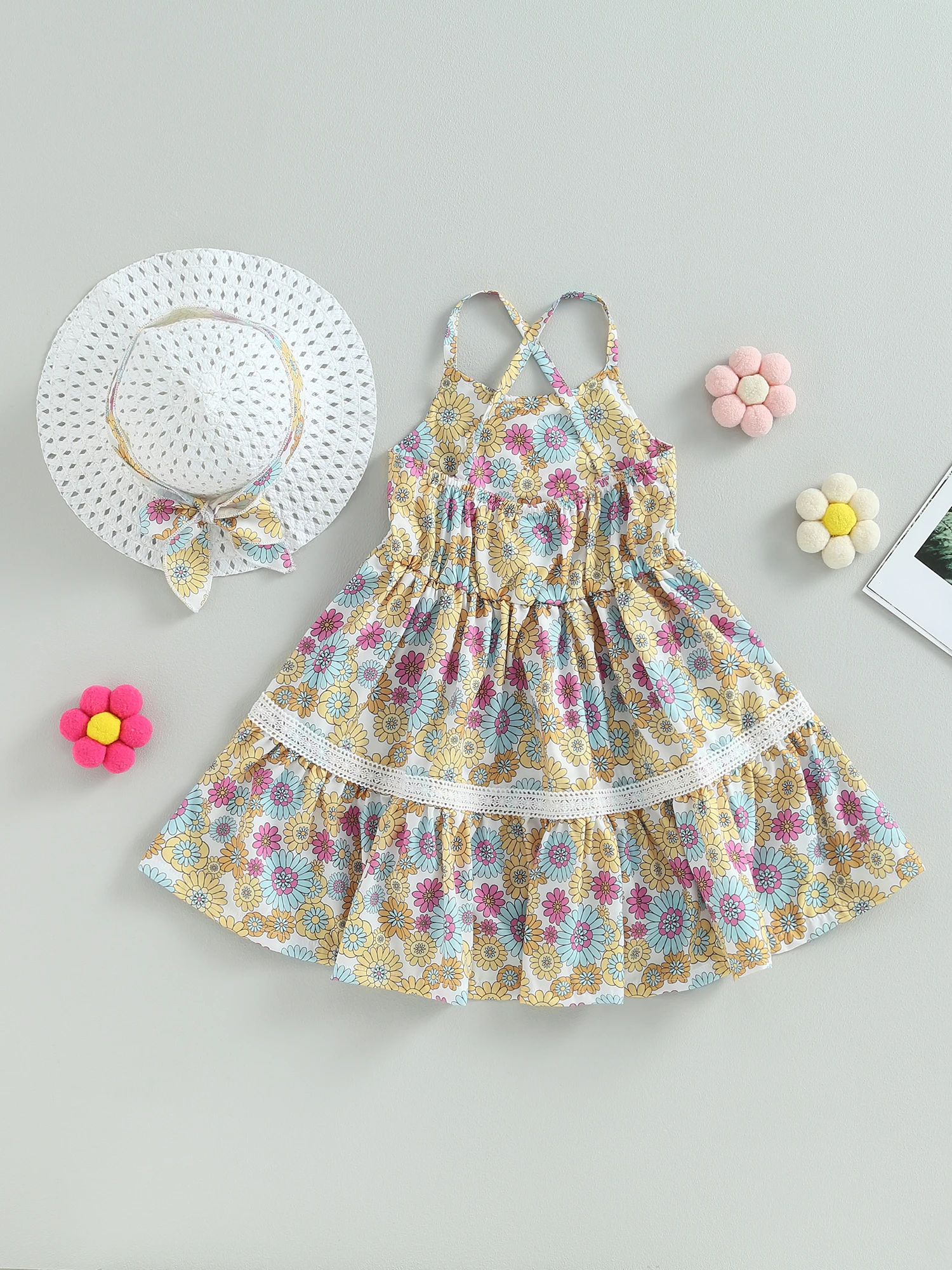 

ma baby 3-7Y Toddler Kid Baby Girl Dress Floral Print A-line Party Holiday Dresses For Girls Summer Cap D06